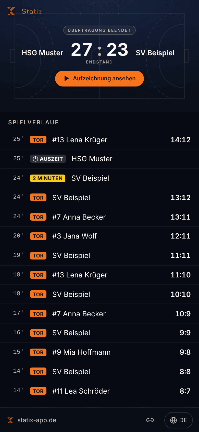 Die Livestream-Seite nach dem Abpfiff auf dem Handy: Endstand 27:23 und der Knopf „Aufzeichnung ansehen“