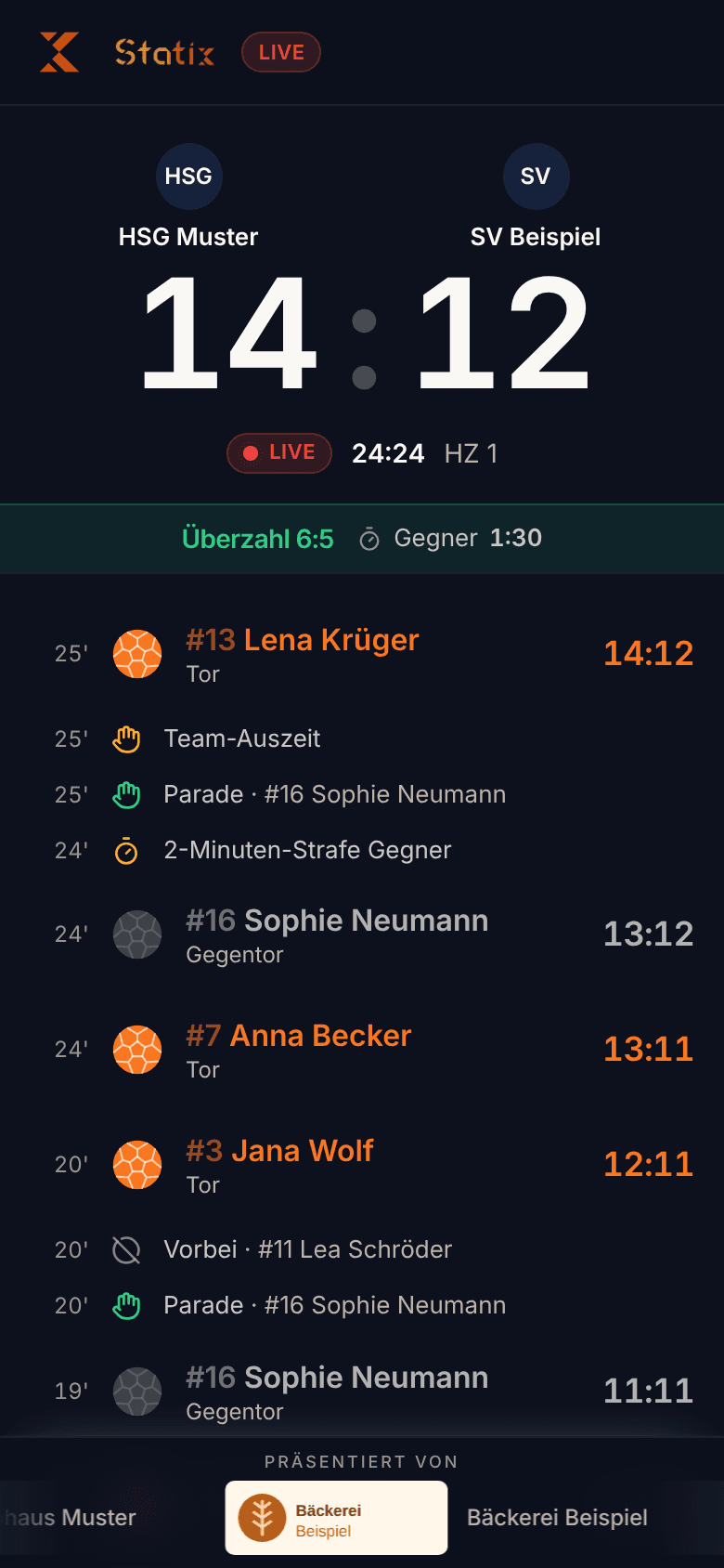Der Statix-Live-Ticker auf dem Handy mit Spielstand, Spielverlauf und der Sponsorenleiste „präsentiert von“ am unteren Rand