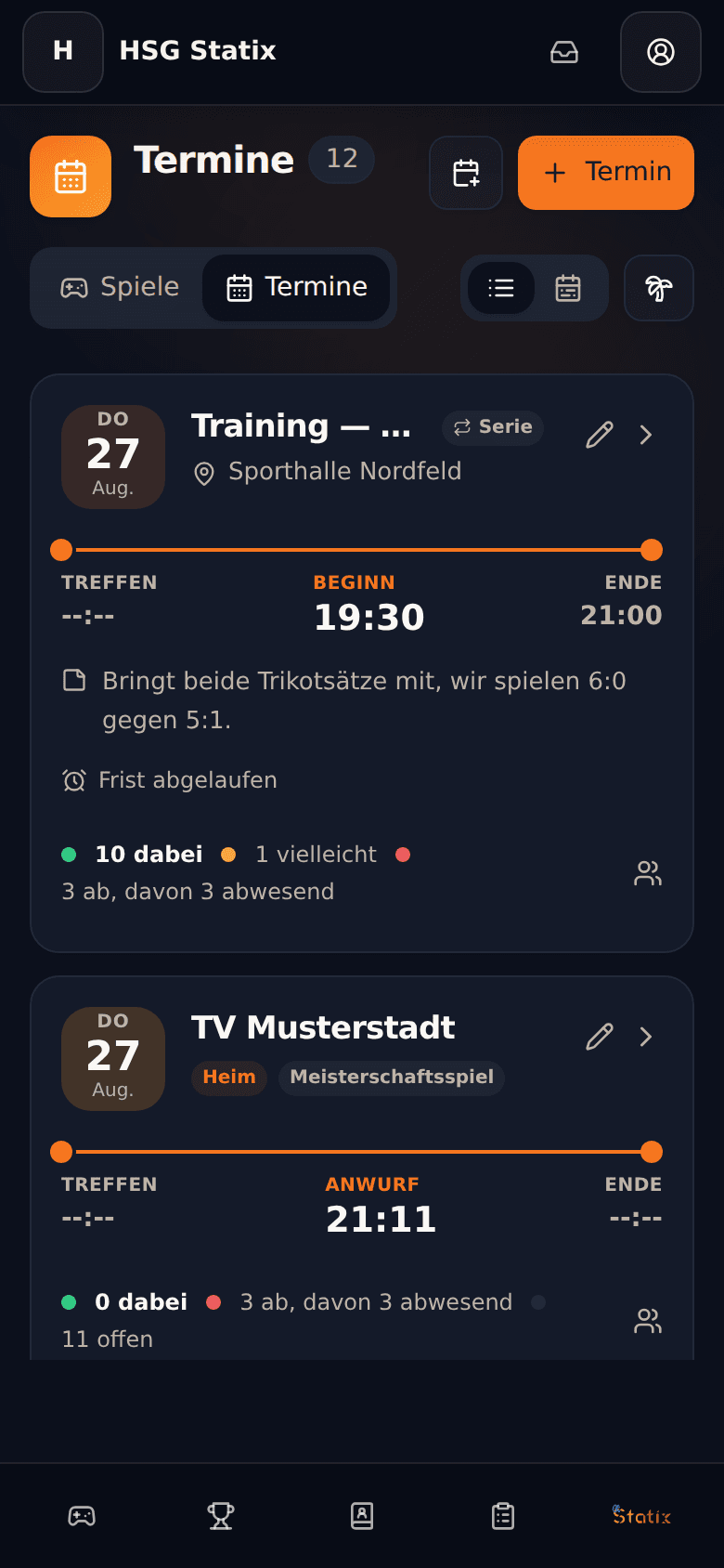 Terminliste auf dem Handy einer Spielerin