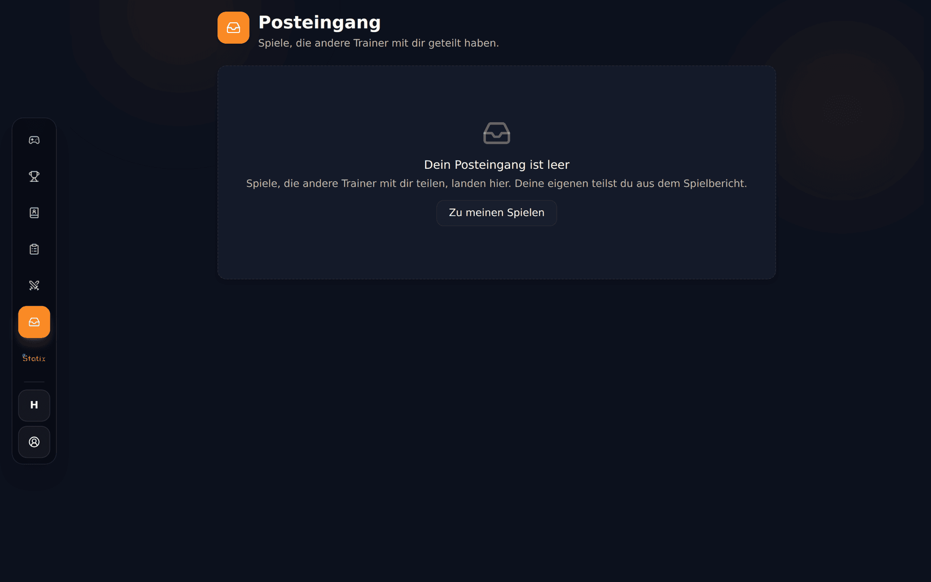 Posteingang in Statix mit Spielen, die andere Trainer geteilt haben