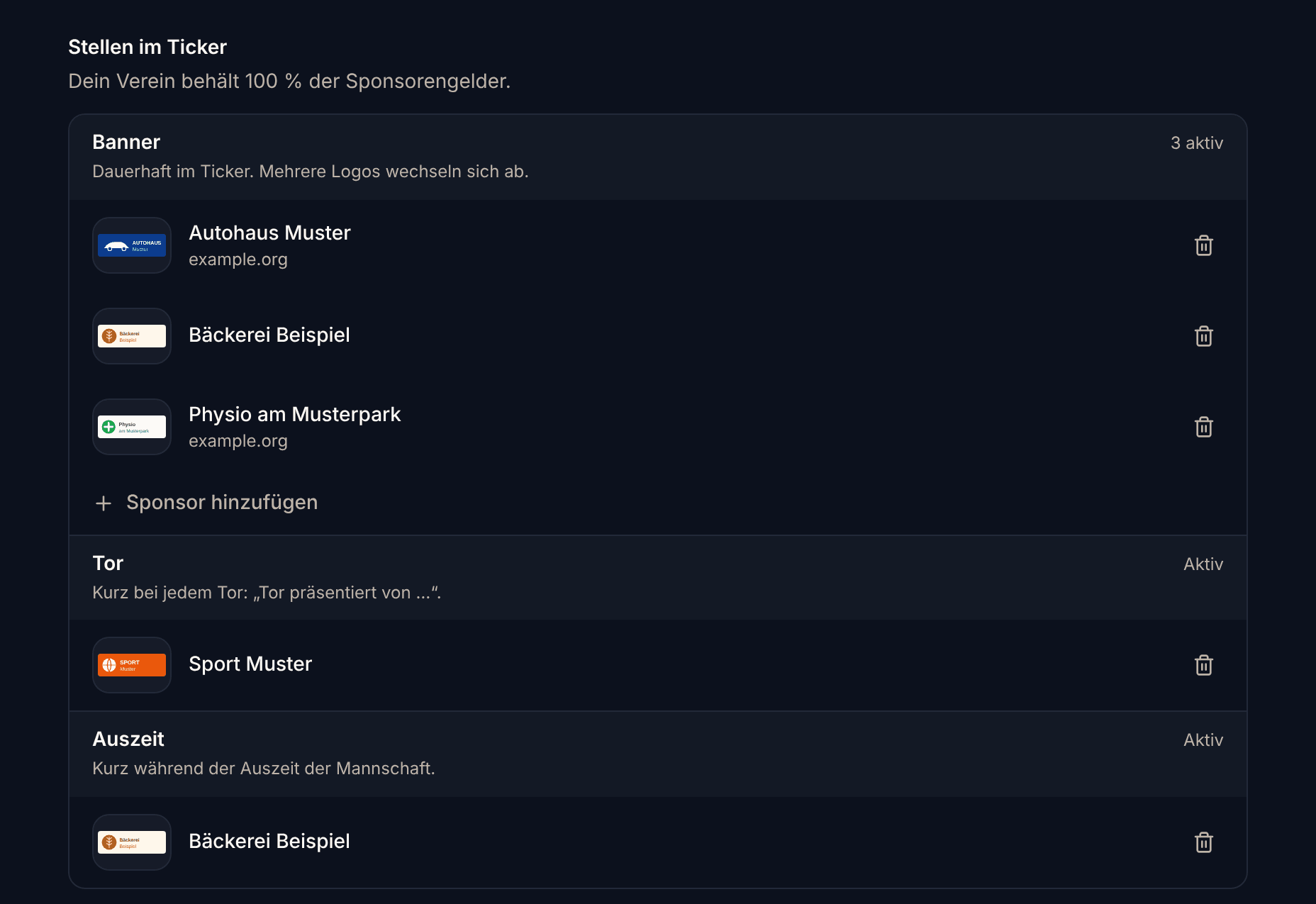 Die Sponsoren-Einstellungen in Statix: drei Banner-Sponsoren, ein Tor-Sponsor und ein Auszeit-Sponsor, darüber der Hinweis, dass der Verein 100 % der Sponsorengelder behält