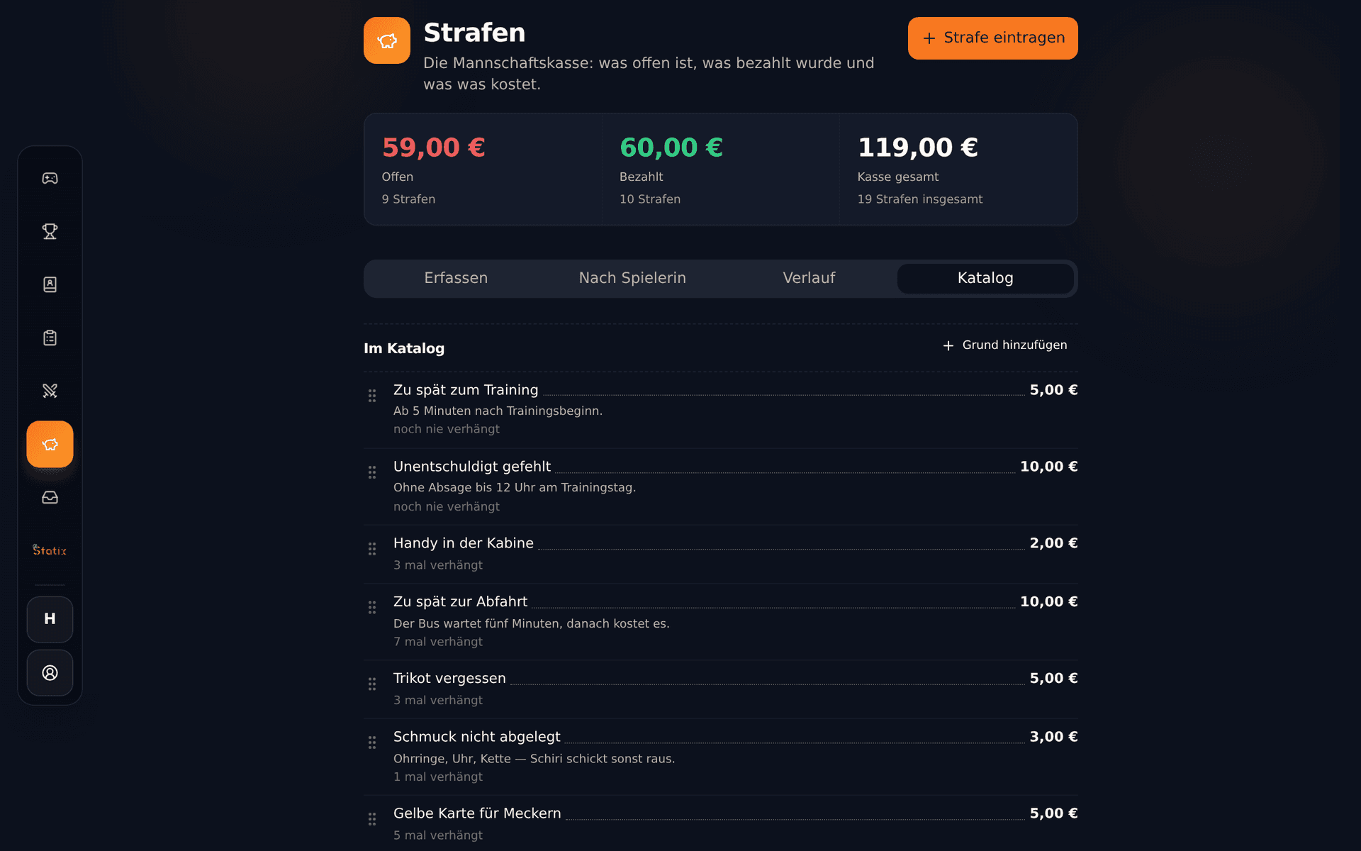 Strafenkatalog in Statix mit Regeln und Beträgen