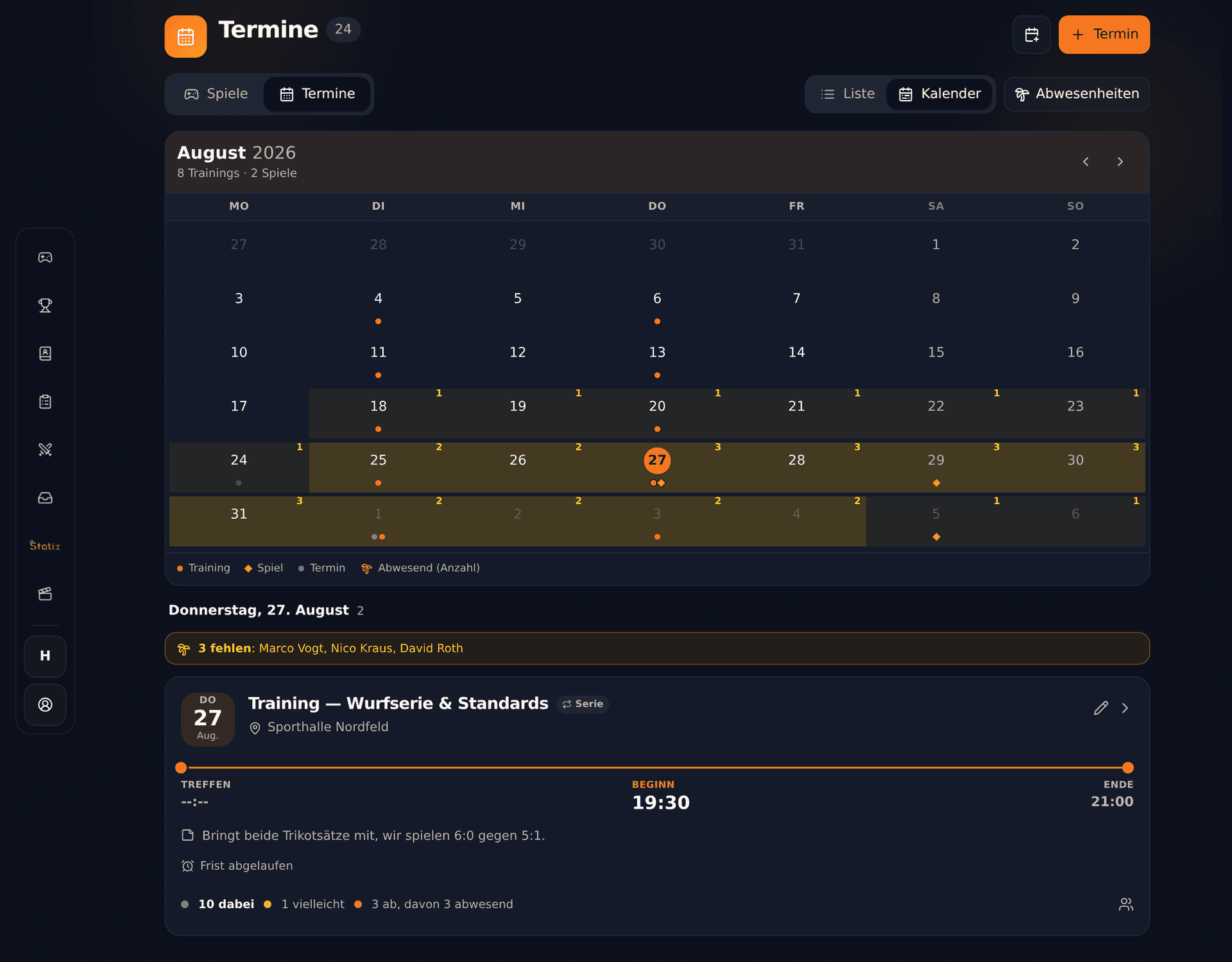 Monatskalender der Mannschaft in Statix mit Trainings, Spielen und Abwesenheiten