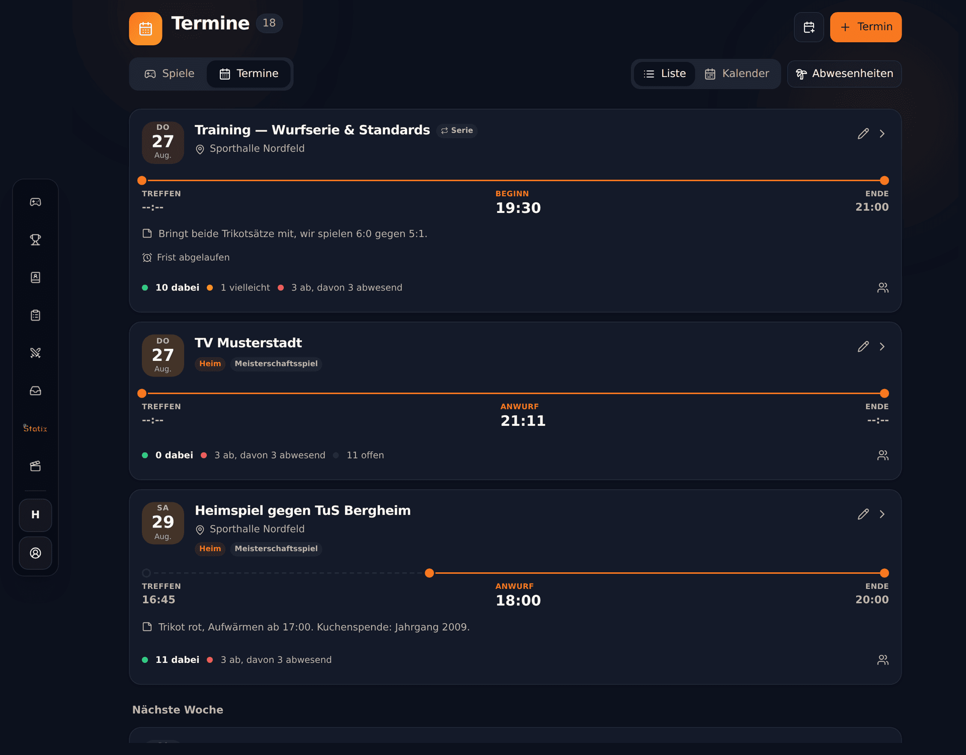 Terminliste in Statix mit Trainings, Spielen, Treffpunkt-Zeitleiste und Rückmeldungen