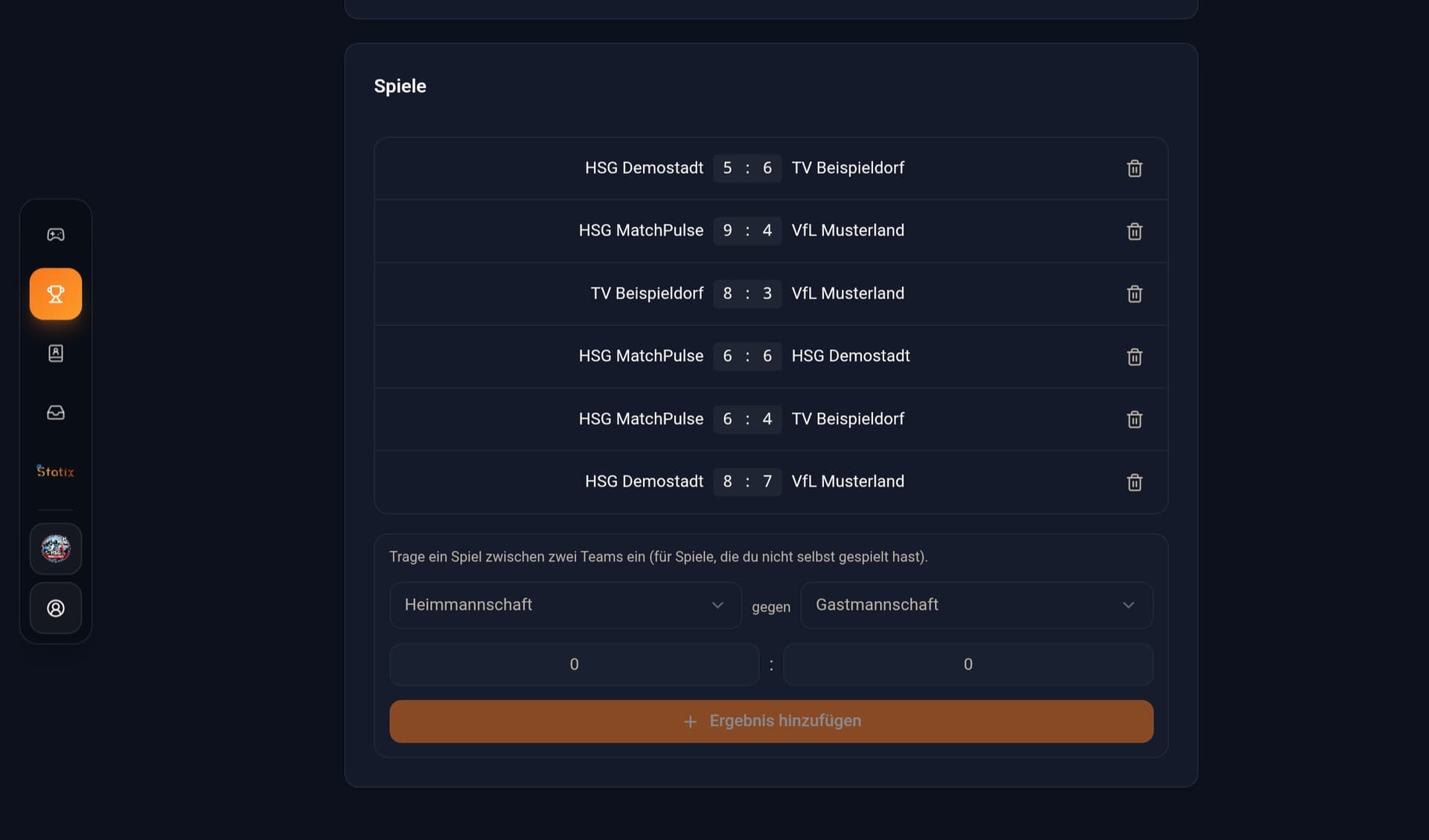 Turnier-Spielplan mit eingetragenen Ergebnissen
