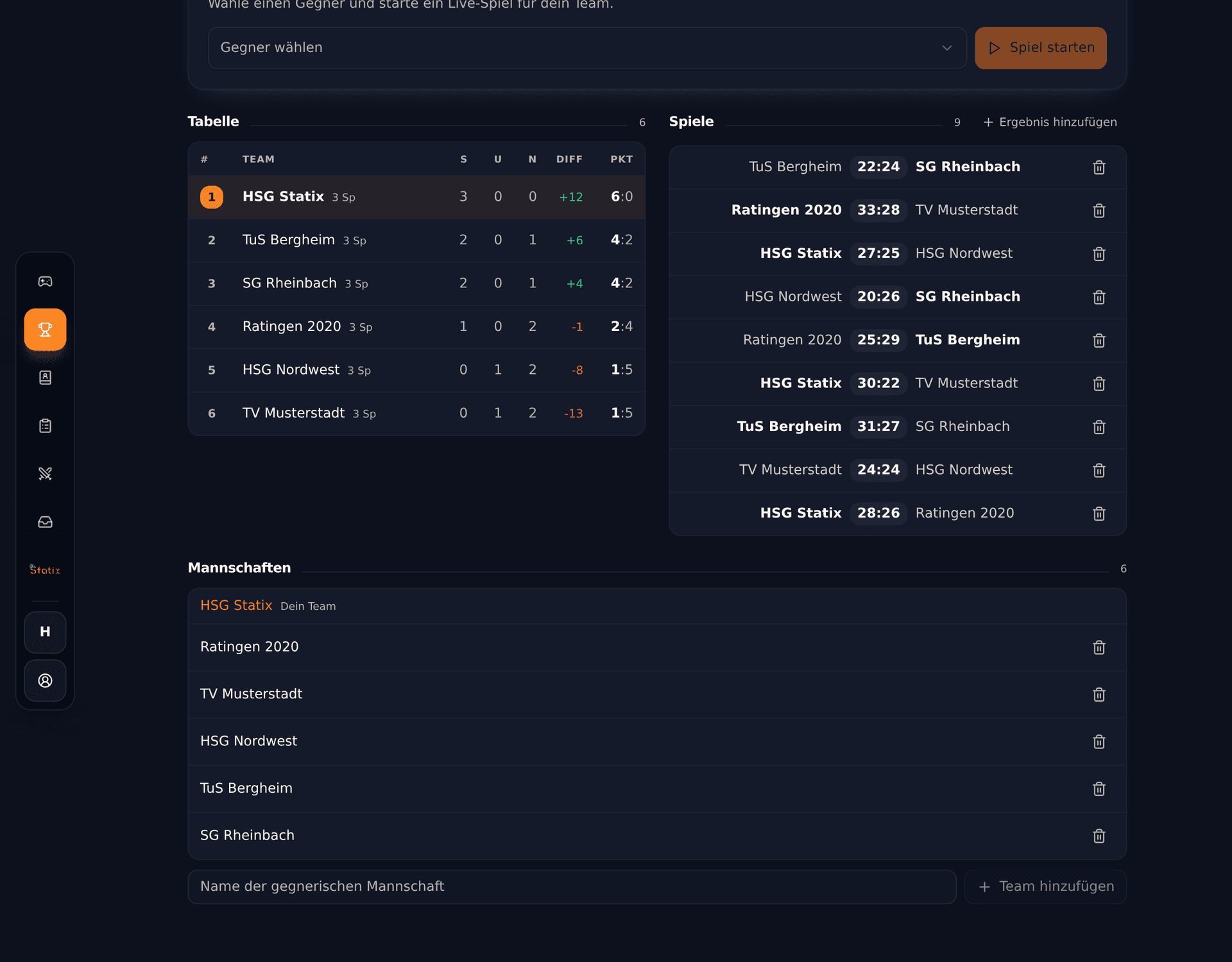 Turnierübersicht in Statix mit Tabelle und Spielplan